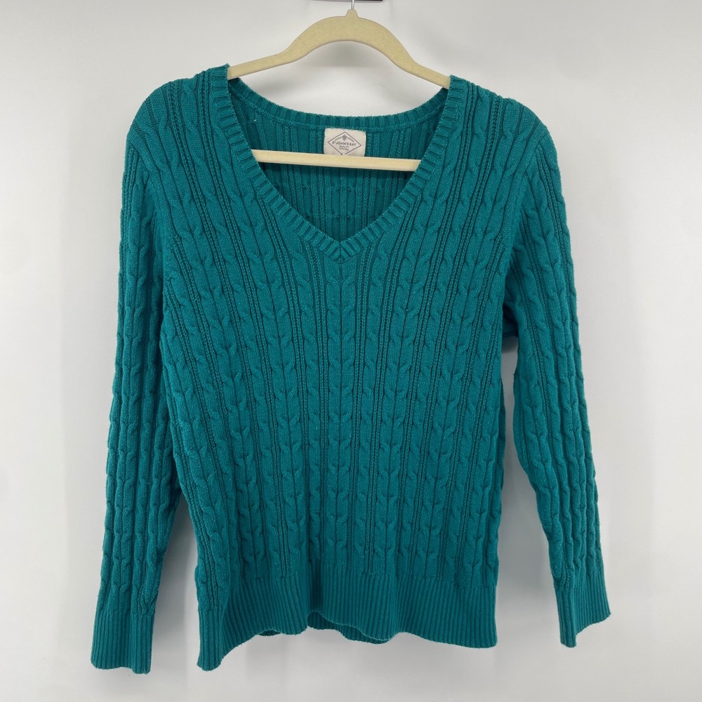 St. John's Bay Sweater Women PXL Teal Blue Cable Knit V-Neck Cotton Blend Top